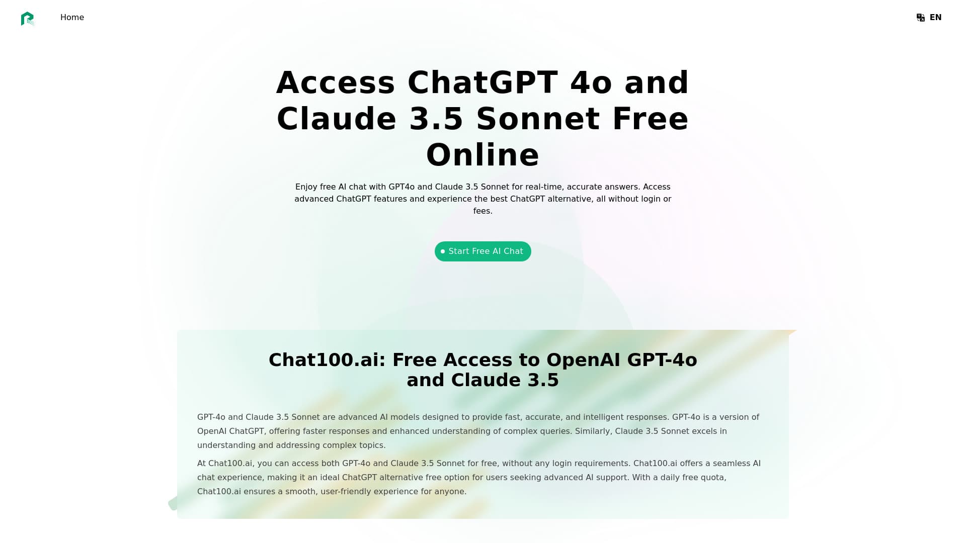 Chat100.ai: Free ChatGPT 4o and Claude 3.5 Sonnet thumbnail
