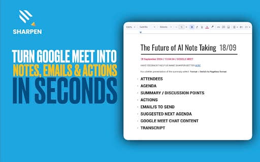 Sharpen AI: Turn Google Meets into notes, emails & actions in seconds. thumbnail