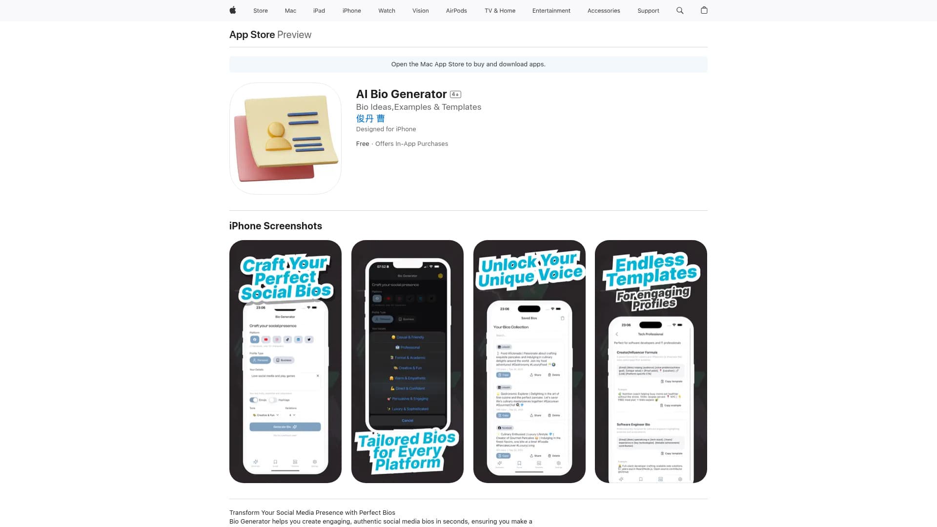 Insta, Tiktok AI Bio Generator thumbnail